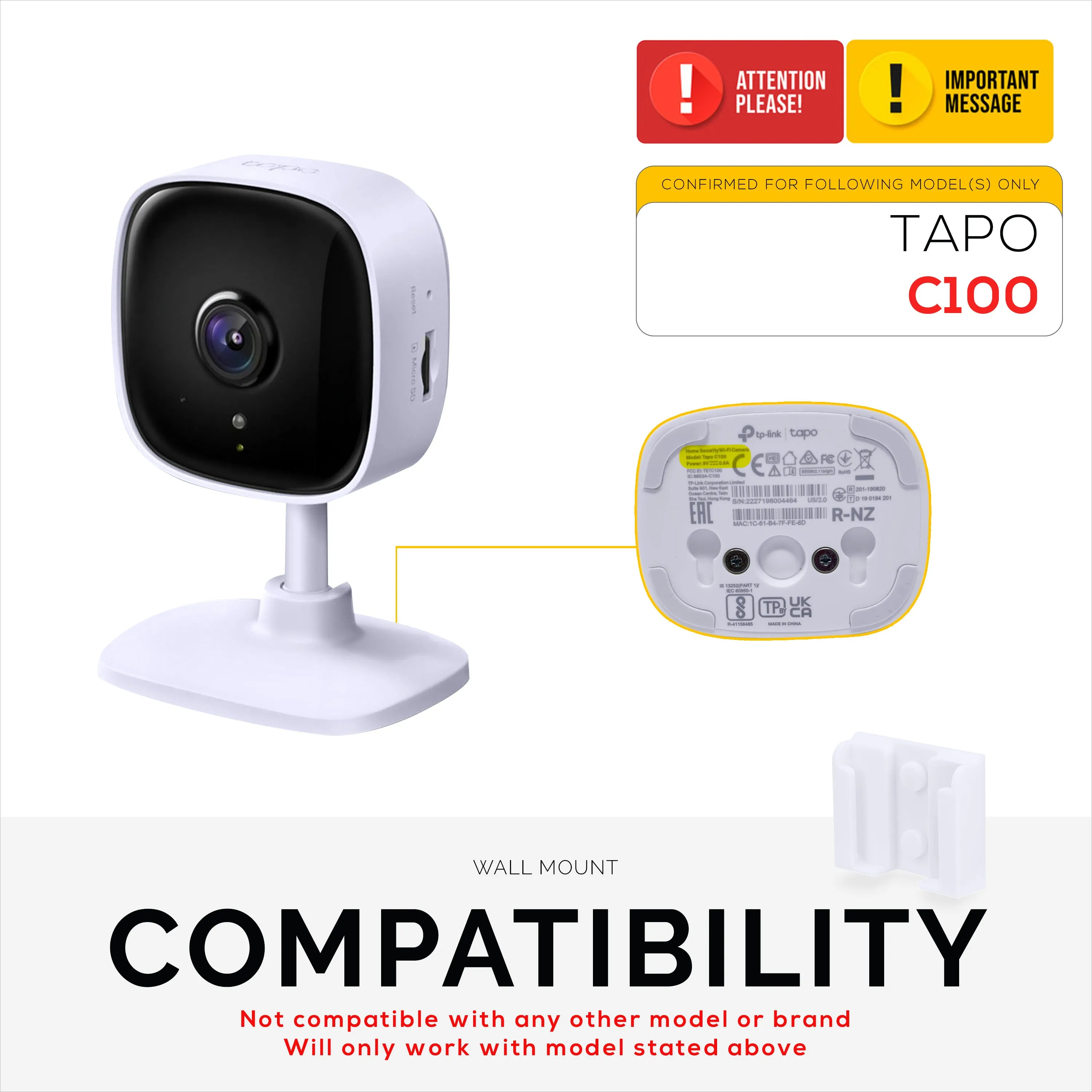 2 Pack Adhesive Wall Mount For C100 TP-Link Tapo Camera, Easy To Install Holder, No Mess, Reduce Blind Spots & Improved Viewing, Stick On & Screw In Installation