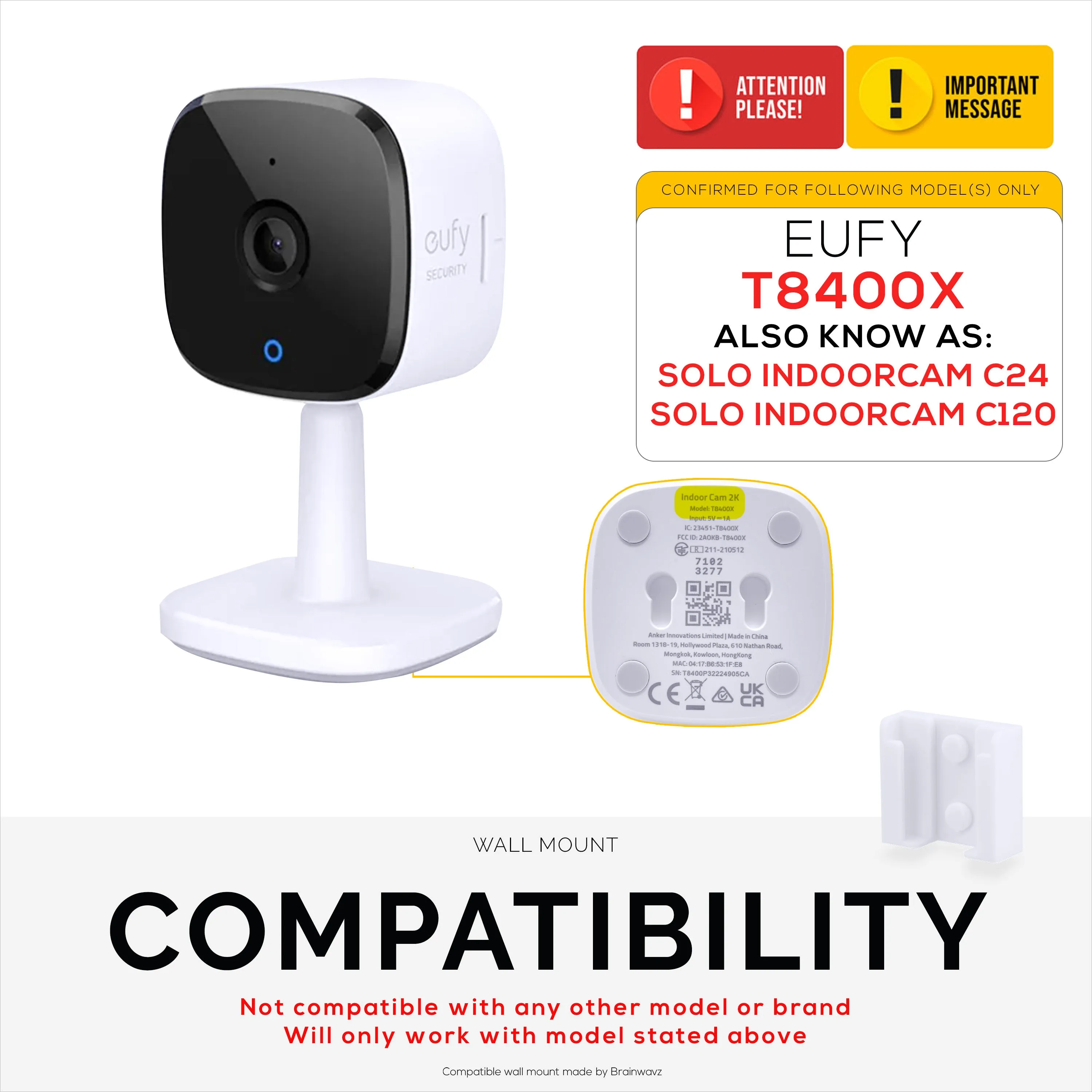 2 Pack Adhesive Wall Mount For Eufy Solo C24 / C120 (T8400X) Security Camera, Stick On & Screw In