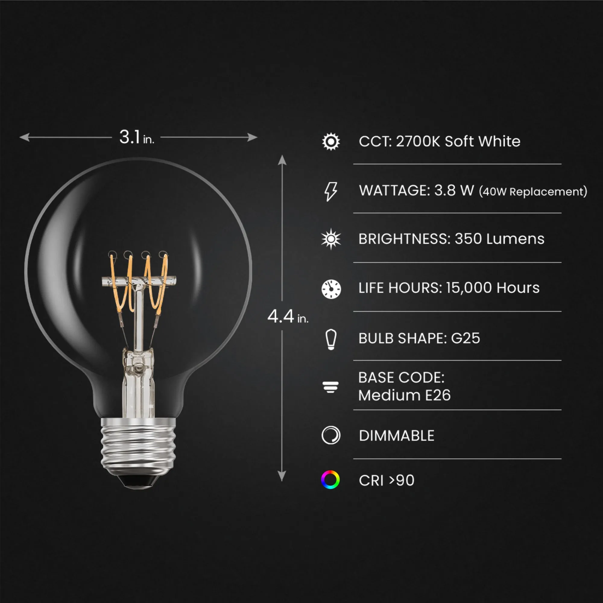 3.8W (40W Equivalent) Soft White (2700K) G25 Globe Shape (E26 Replacement) Dimmable Thin Filament Clear Glass LED Light Bulb