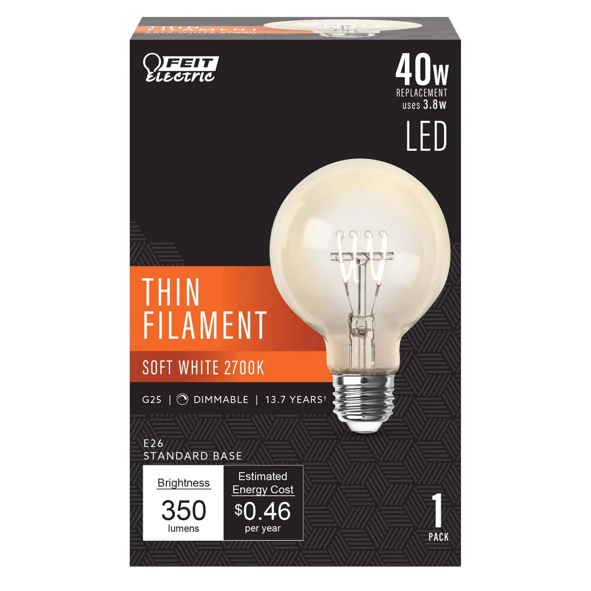 3.8W (40W Equivalent) Soft White (2700K) G25 Globe Shape (E26 Replacement) Dimmable Thin Filament Clear Glass LED Light Bulb