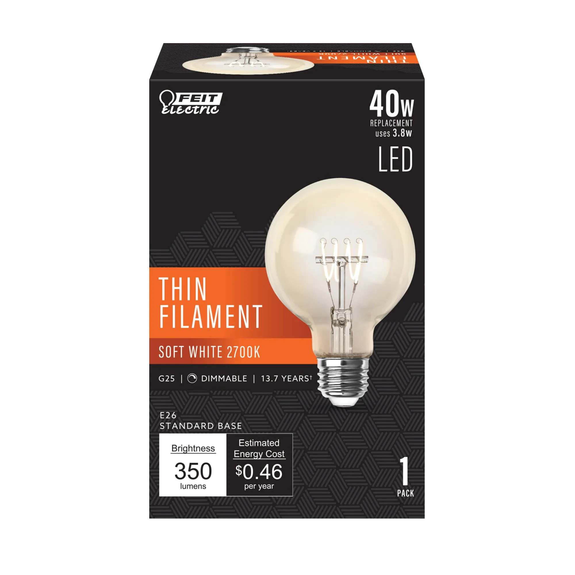 3.8W (40W Equivalent) Soft White (2700K) G25 Globe Shape (E26 Replacement) Dimmable Thin Filament Clear Glass LED Light Bulb
