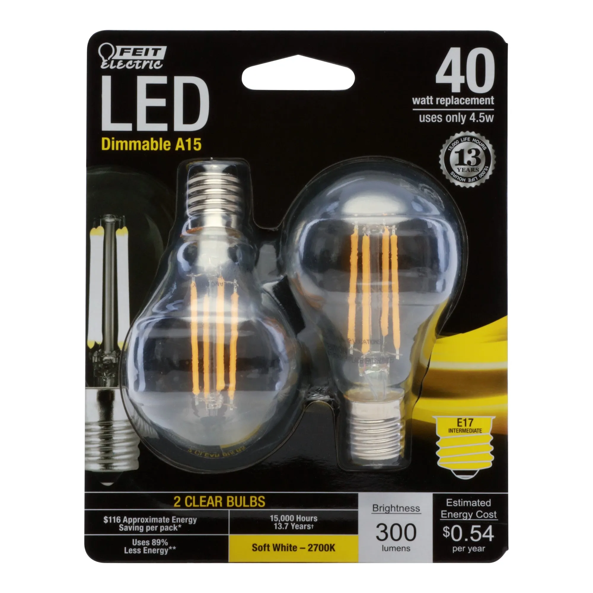 40W Replacement A15 Intermediate Base Dimmable Soft White Glass Filament (2-Pack)