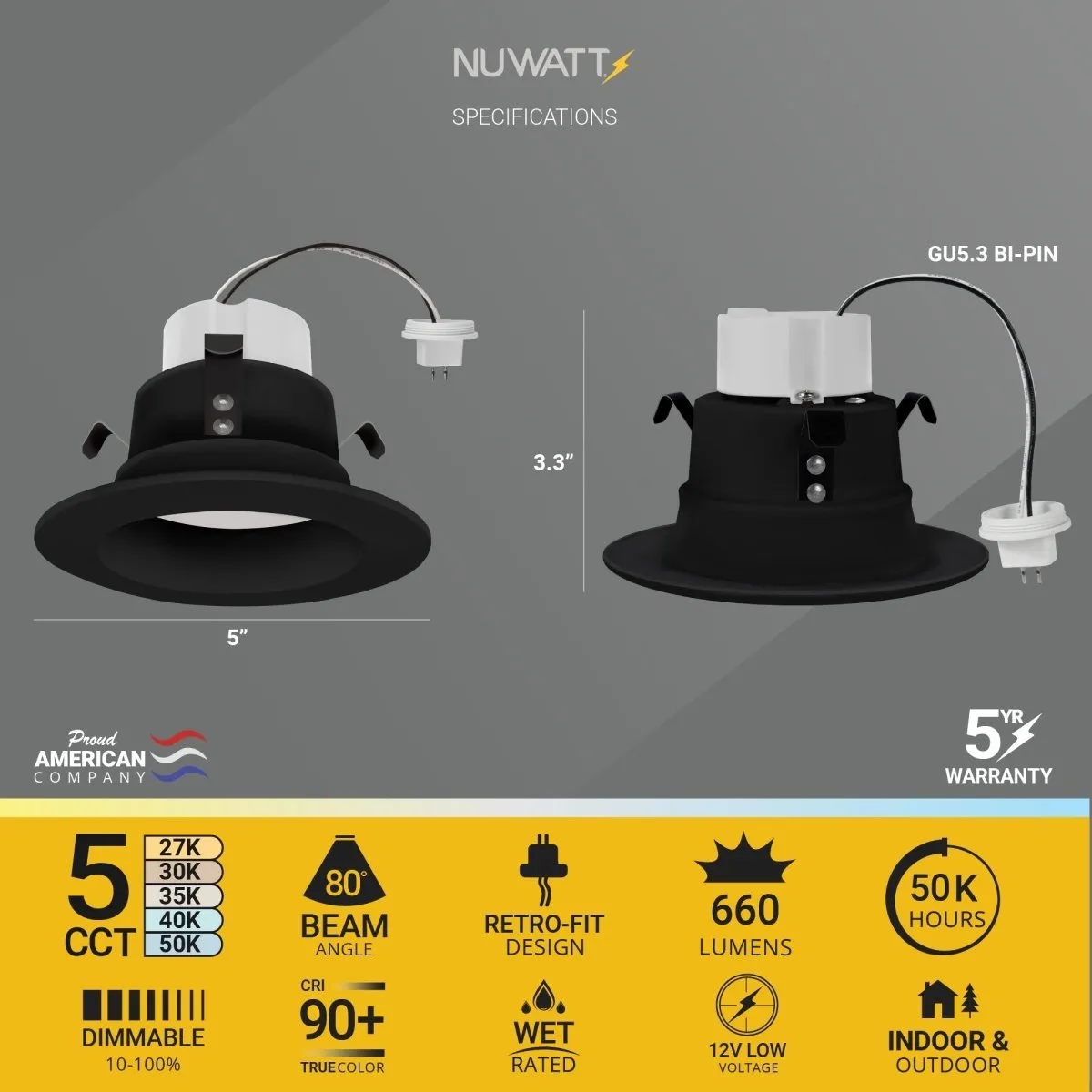 4" Inch Black MR16 LED Retrofit 12V Recessed Downlights - Wet Rated - 5CCT 2700K-5000K - 660LM - GU5.3 Base