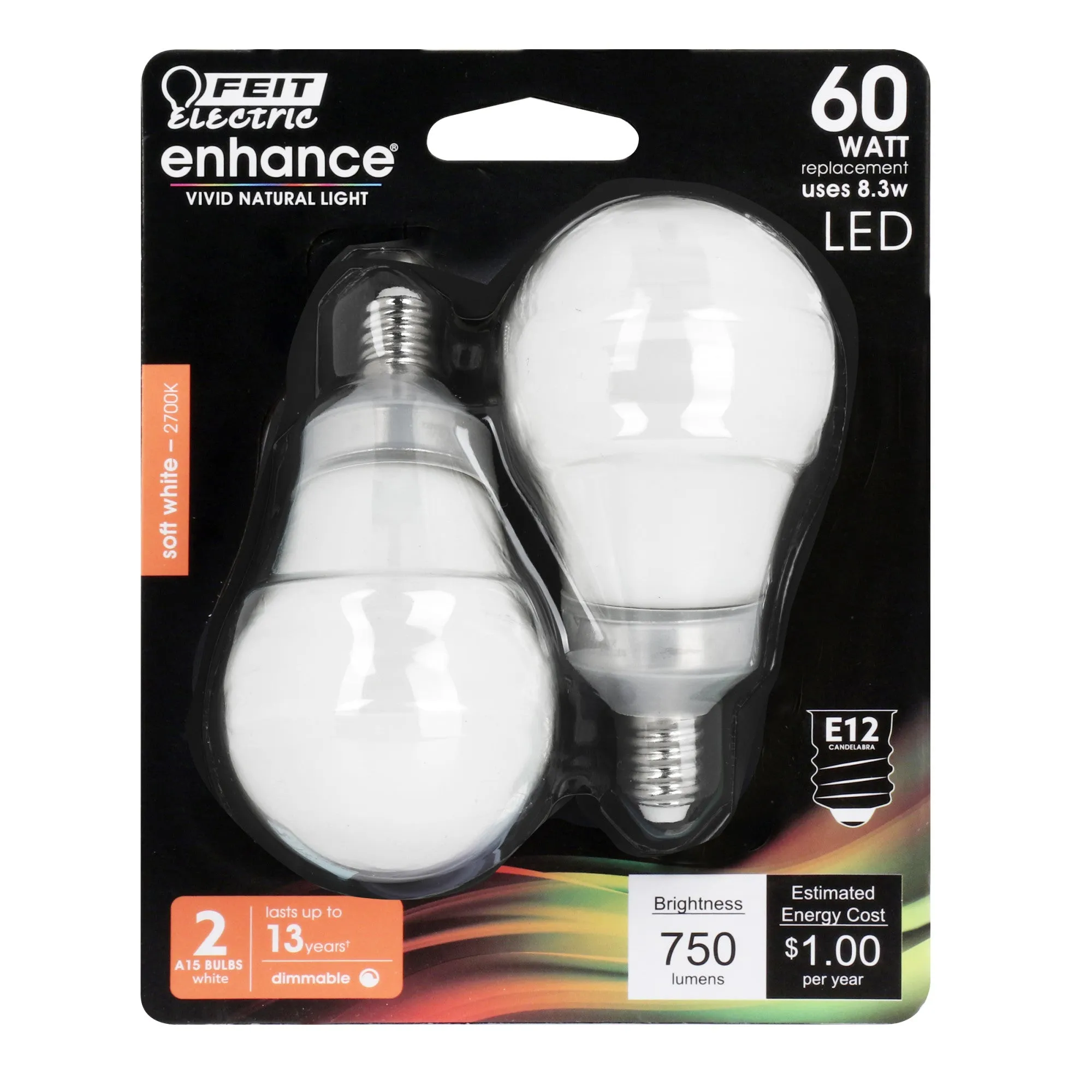 60W Replacement A15 Candelabra Base Dimmable Soft White Glass Filament Enhance (2-Pack)