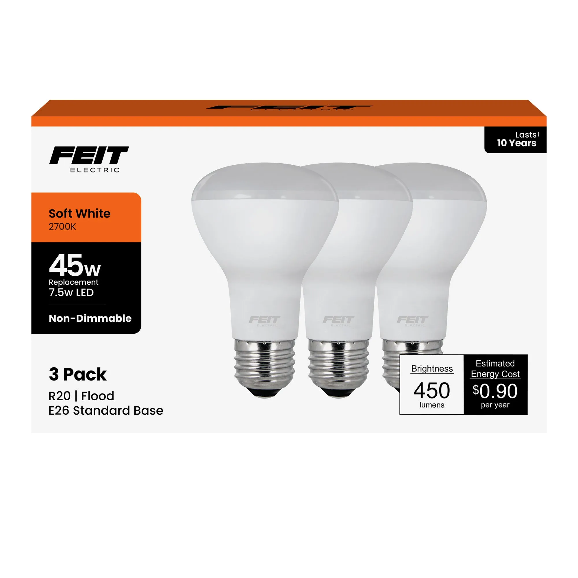 7.5W (45W Replacement) Soft White (2700K) E26 Base R20 Reflector LED Light Bulb (3-Pack)