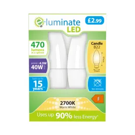 E-Luminate 4.9W B22 Candle LED Bulb - 470lm - 2700K - 2 Pack E-Luminate 4.9W B22 Candle LED Bulb - 470lm - 2700K - 2 Pack