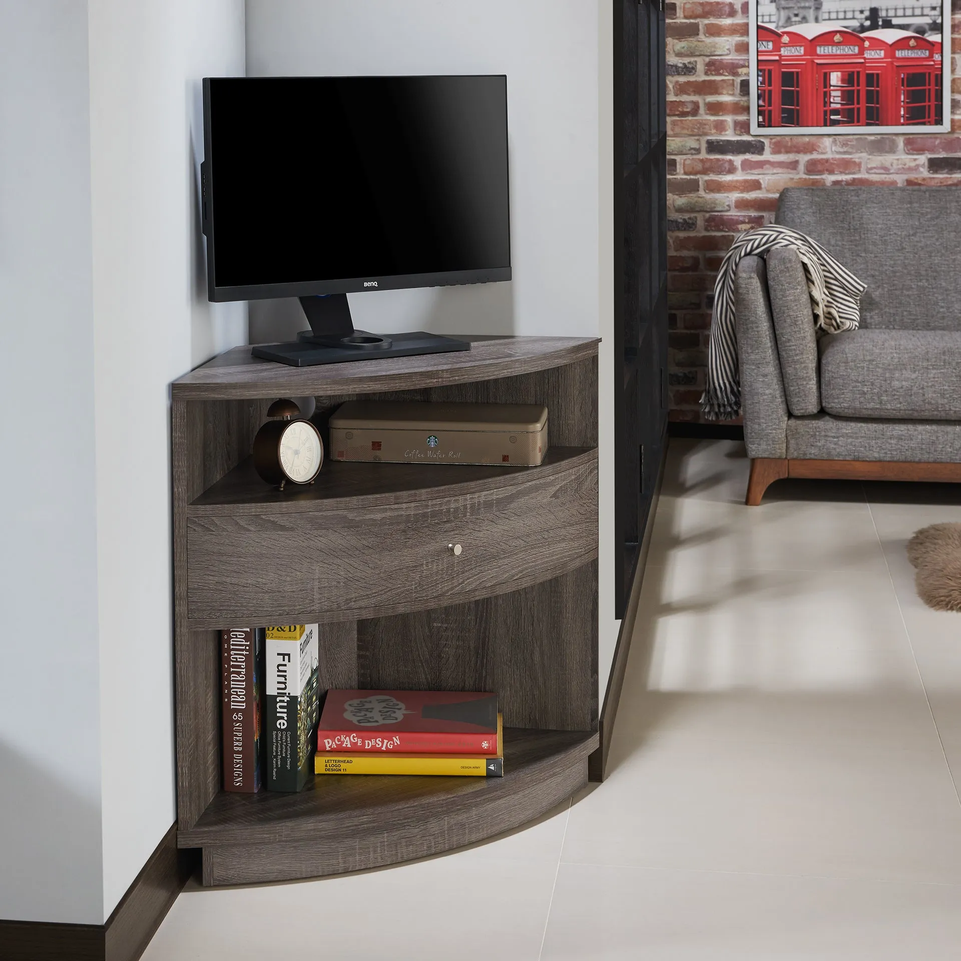 Elmore Grey Multi-Functional Space-Saving Corner TV Console