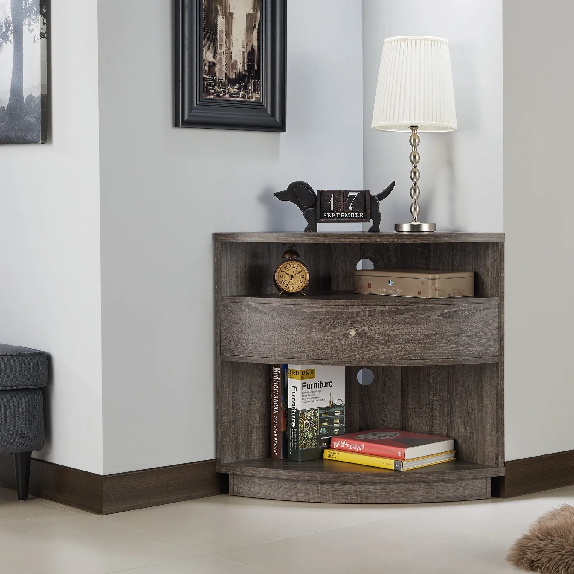 Elmore Grey Multi-Functional Space-Saving Corner TV Console