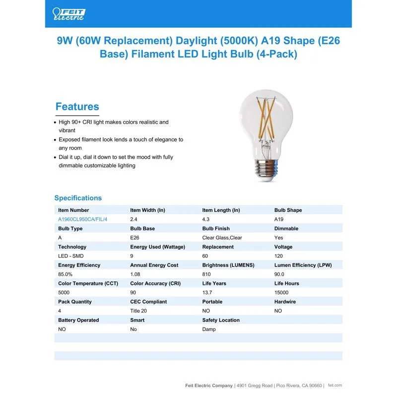 Feit Enhance A19 E26 (Medium) Filament LED Bulb Daylight 60 Watt Equivalence 4 pk