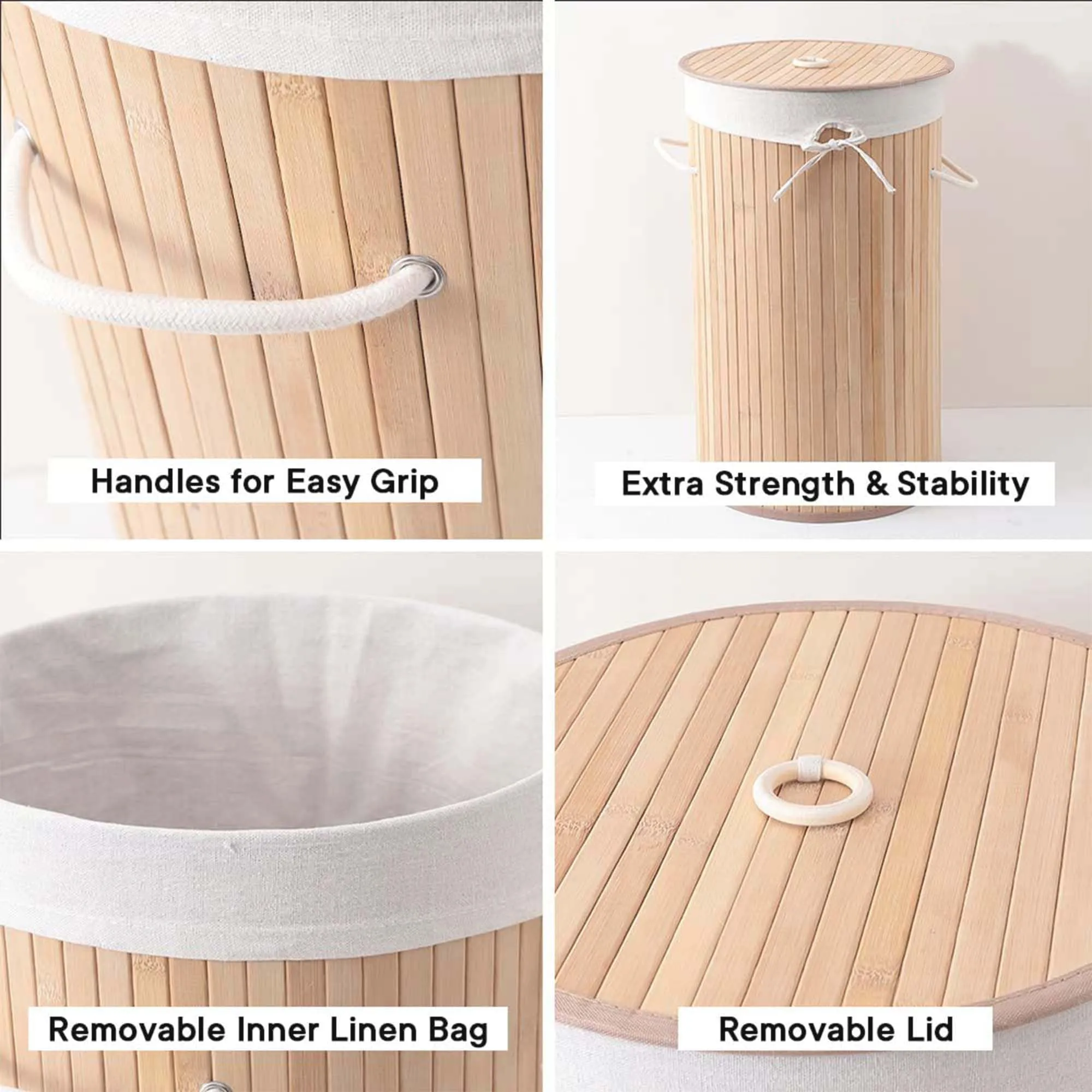 Kuber Industries Durable & Foldable Bamboo Laundry Basket For Clothes With Lid & Rope Handle | Eco Friendly Washing Clothes Bucket/Storage Box Organizer | BS010NR-Natural Wooden Brown