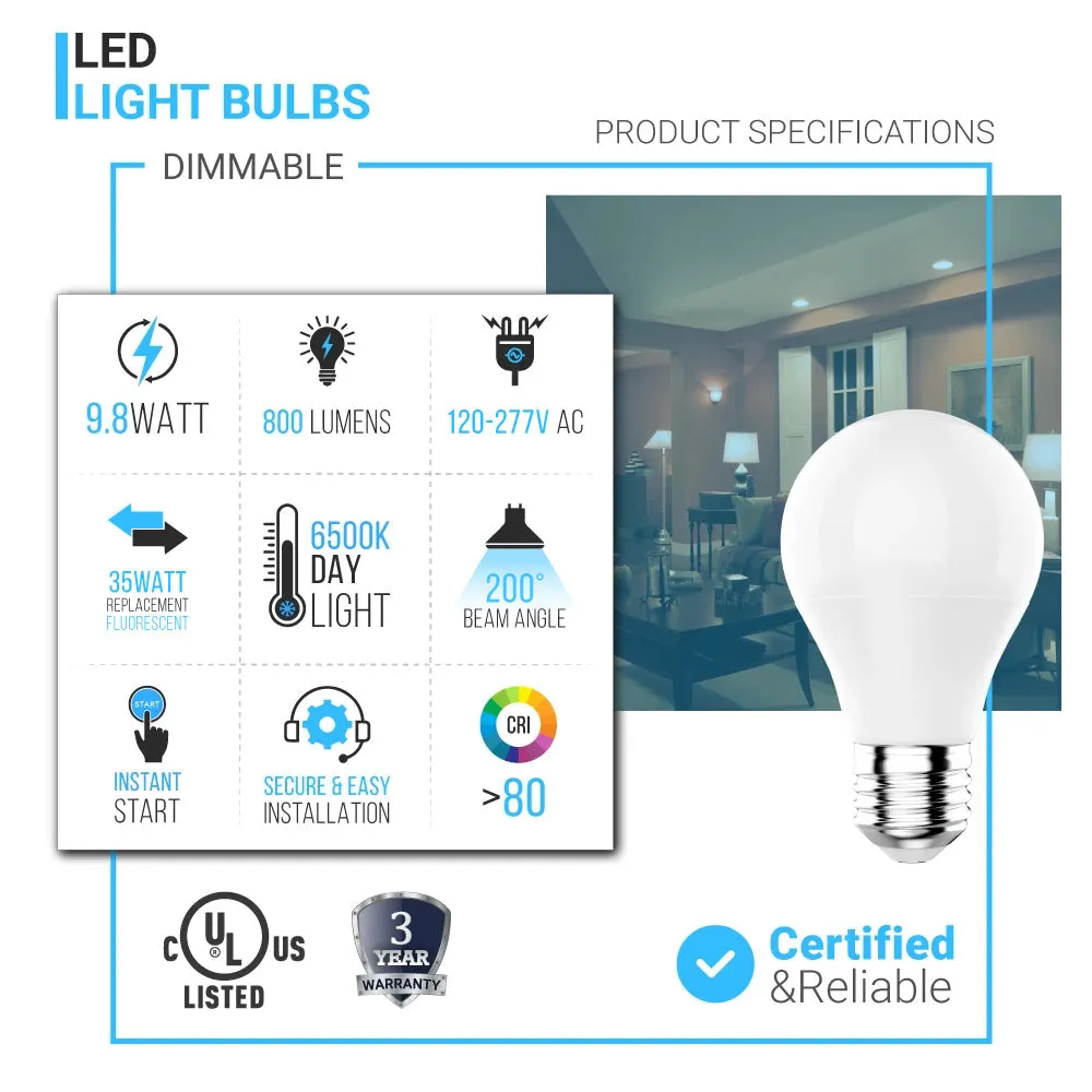 LED Light Bulbs 9.8W - 6500K Dimmable - 800 Lm - E26 Base - Cool White A19 Bulb