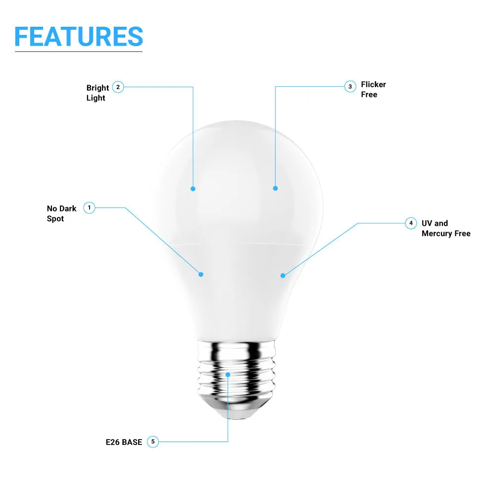 LED Light Bulbs 9.8W - 6500K Dimmable - 800 Lm - E26 Base - Cool White A19 Bulb