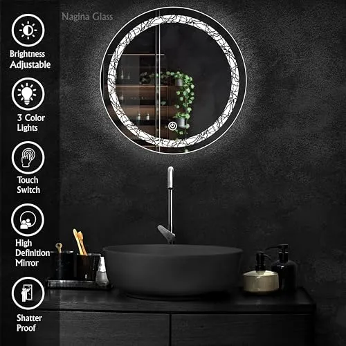Nagina Glass LED Mirror Modern Glass Round Wall Mount 3 Color White Light   Warm Light   Cool Day Light (18 * 18 Inch), Framed Mirror