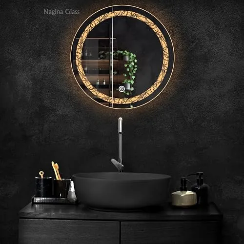 Nagina Glass LED Mirror Modern Glass Round Wall Mount 3 Color White Light   Warm Light   Cool Day Light (18 * 18 Inch), Framed Mirror