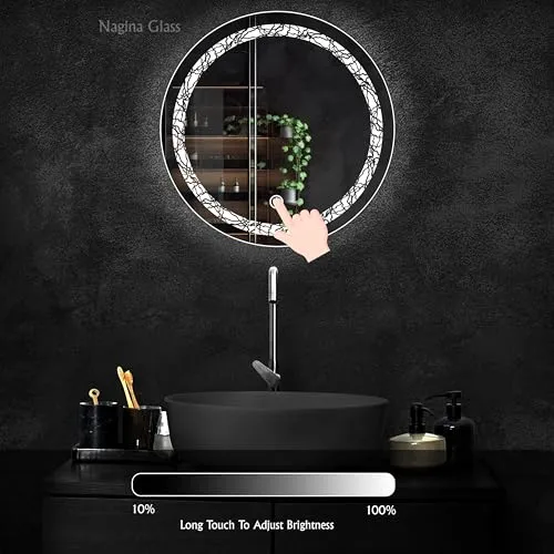 Nagina Glass LED Mirror Modern Glass Round Wall Mount 3 Color White Light   Warm Light   Cool Day Light (18 * 18 Inch), Framed Mirror