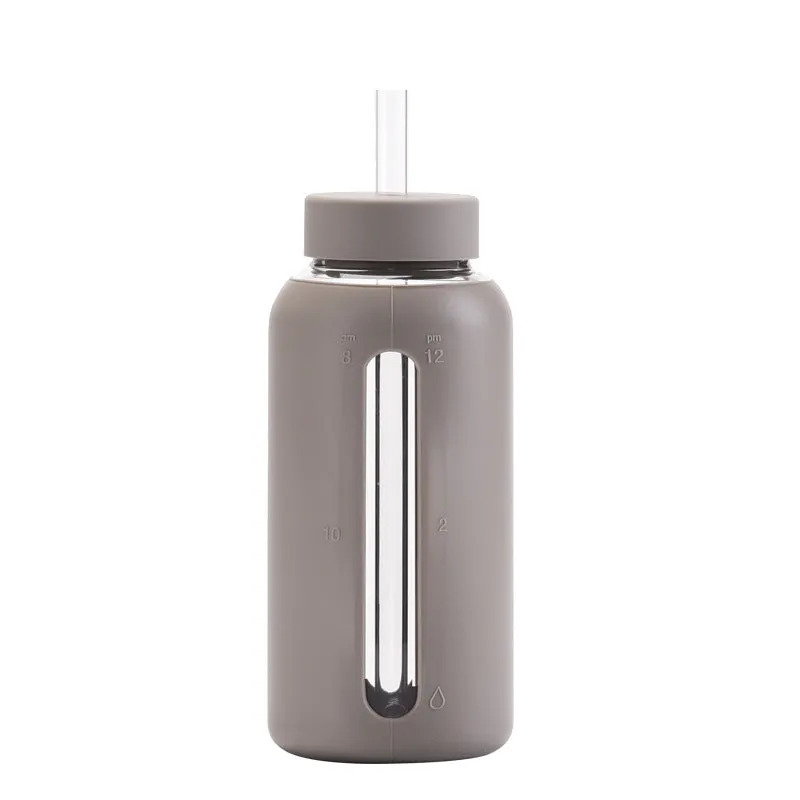 New glass silicone sleeve time scale water cup with straw 800ml large capacity portable outdoor cup