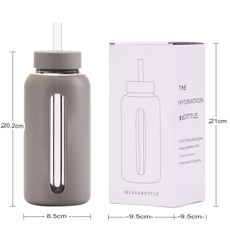 New glass silicone sleeve time scale water cup with straw 800ml large capacity portable outdoor cup