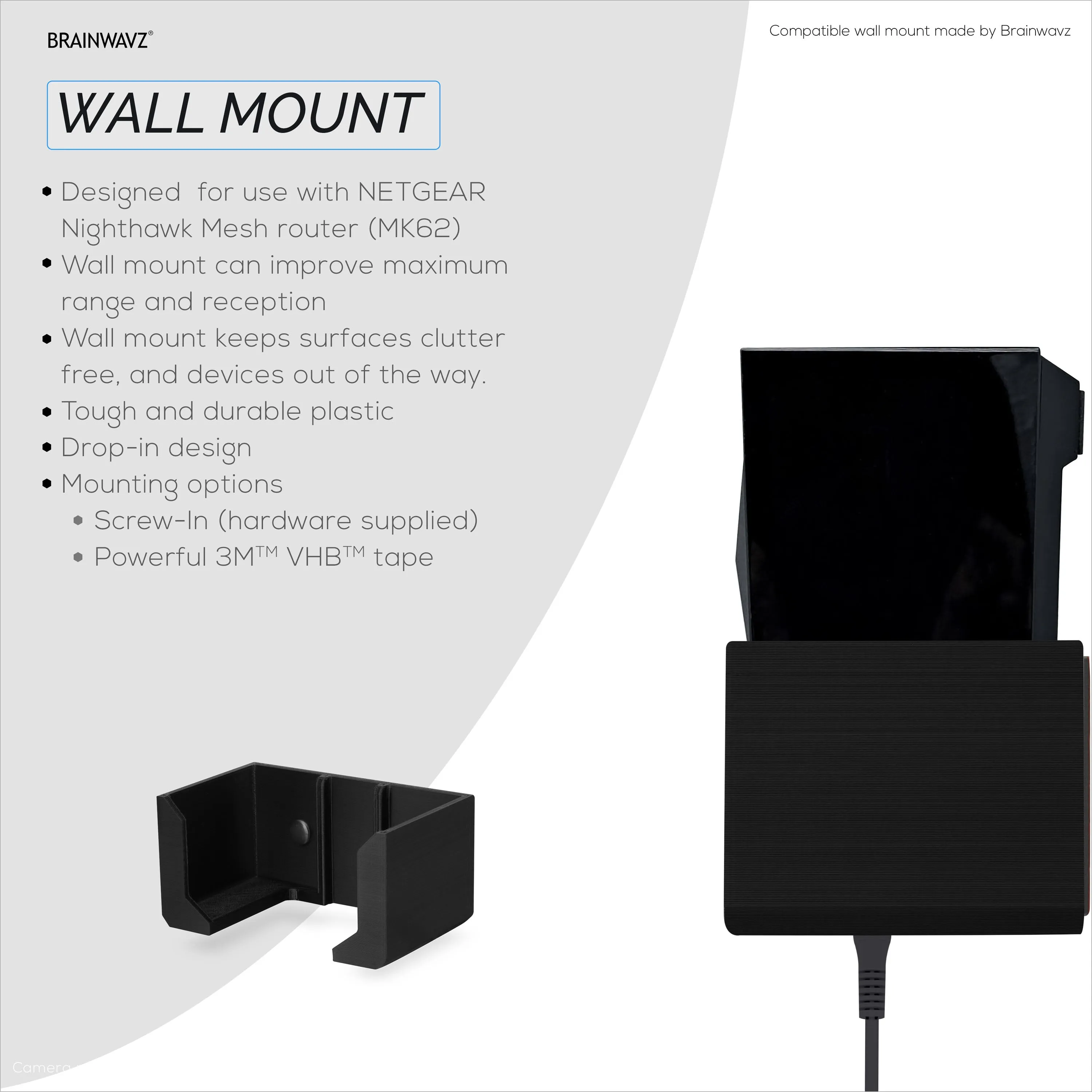 Screwless Wall Mount For Netgear Nighthawk MK62 Router, Strong VHB Adhesive, Easy to Install Holder, Reduce Interference & Increase Range, Stick On & Screw-in Mounting
