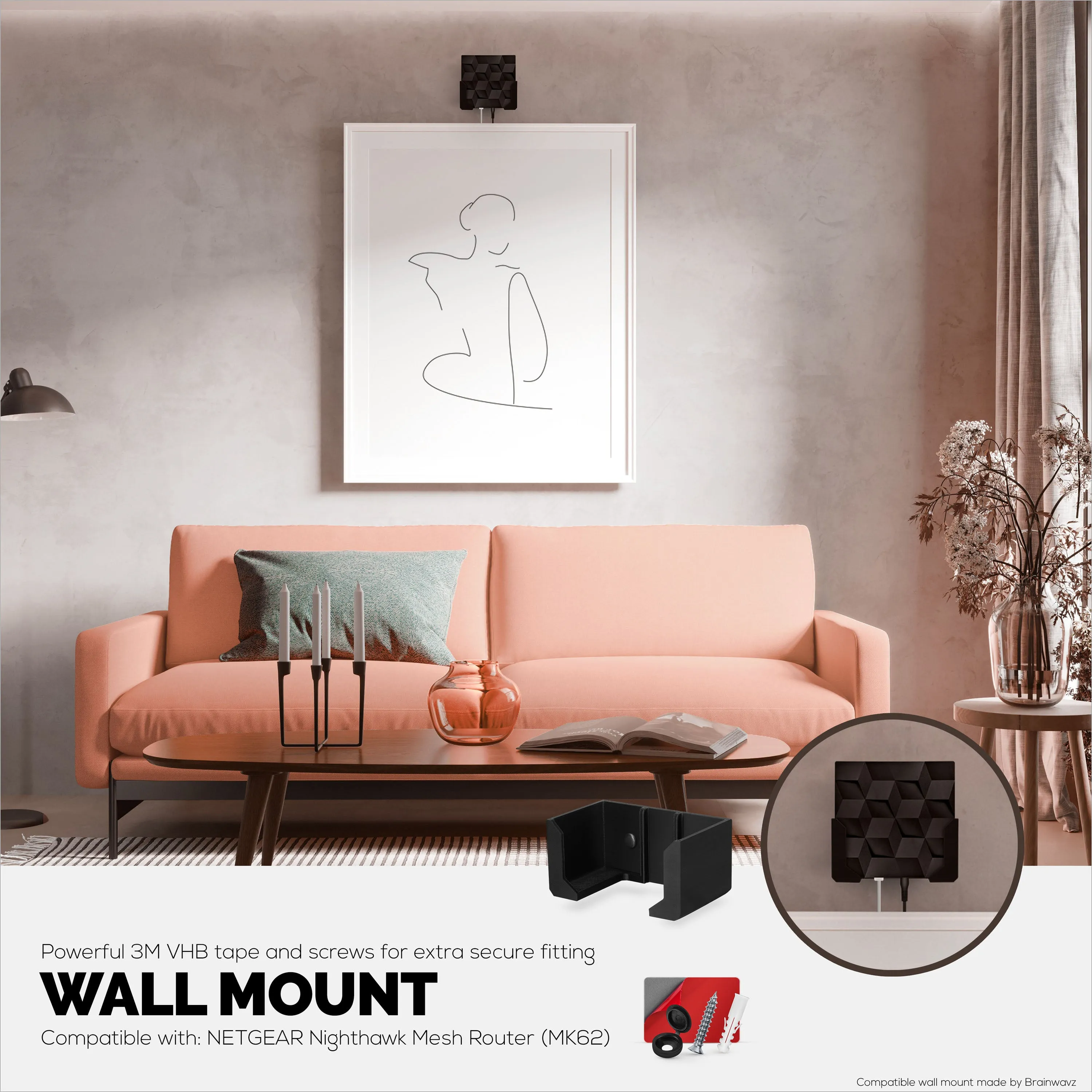 Screwless Wall Mount For Netgear Nighthawk MK62 Router, Strong VHB Adhesive, Easy to Install Holder, Reduce Interference & Increase Range, Stick On & Screw-in Mounting