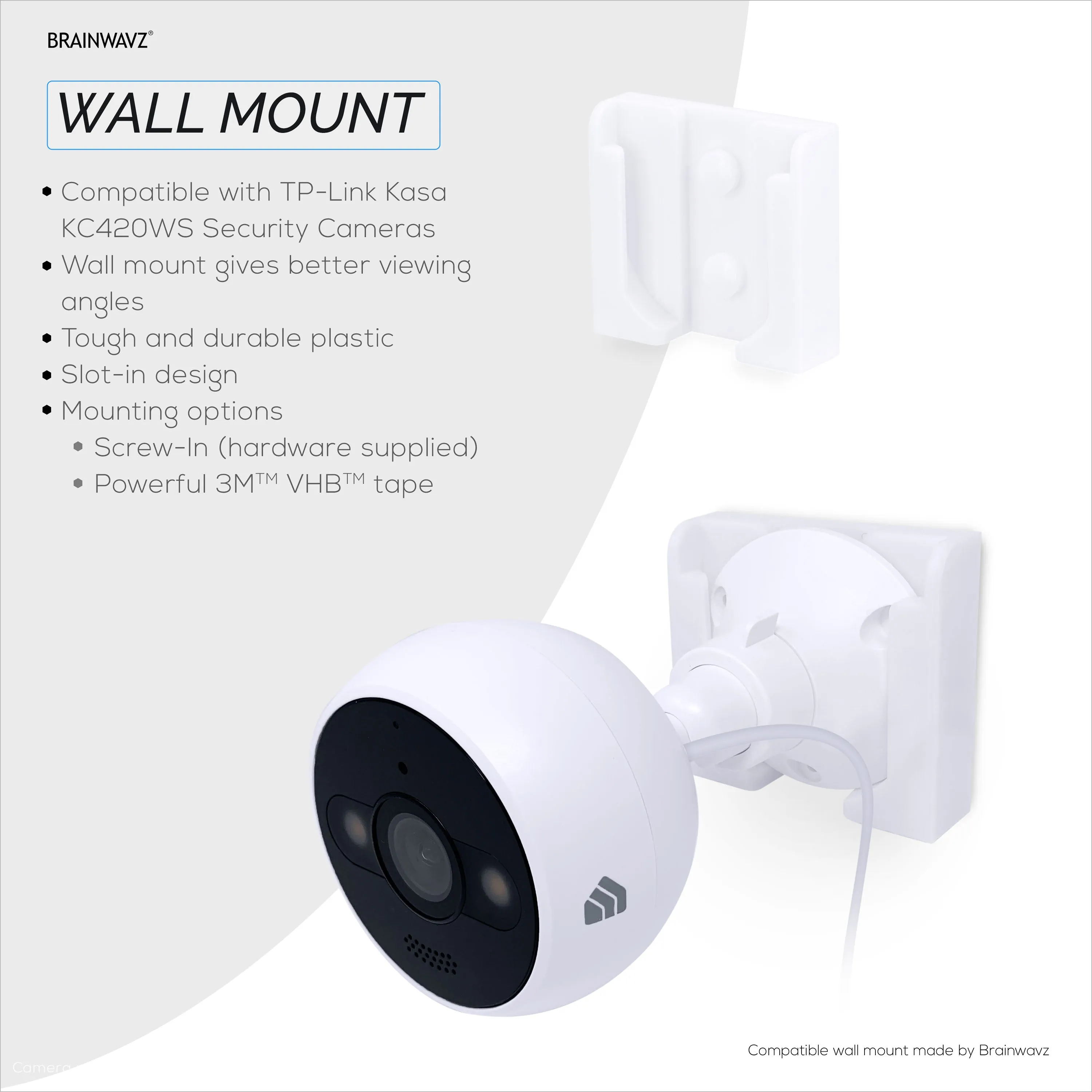 Screwless Wall Mount For TP-Link Kasa KC420WS Camera - Strong VHB Stick On Adhesive, Easy To Install, No Mess, Reduce Blind Spots & Better Viewing, Bracket Holder Shelf
