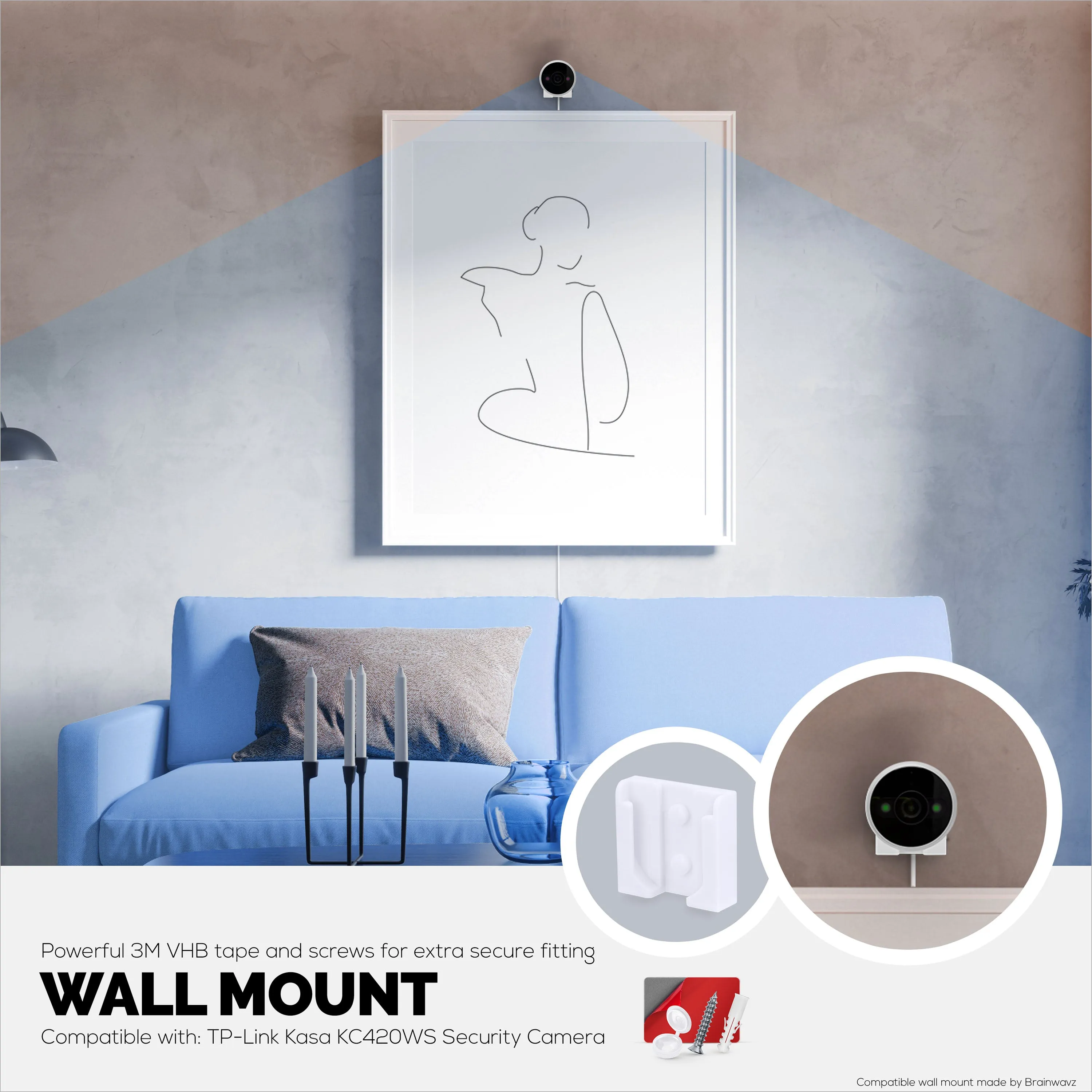 Screwless Wall Mount For TP-Link Kasa KC420WS Camera - Strong VHB Stick On Adhesive, Easy To Install, No Mess, Reduce Blind Spots & Better Viewing, Bracket Holder Shelf