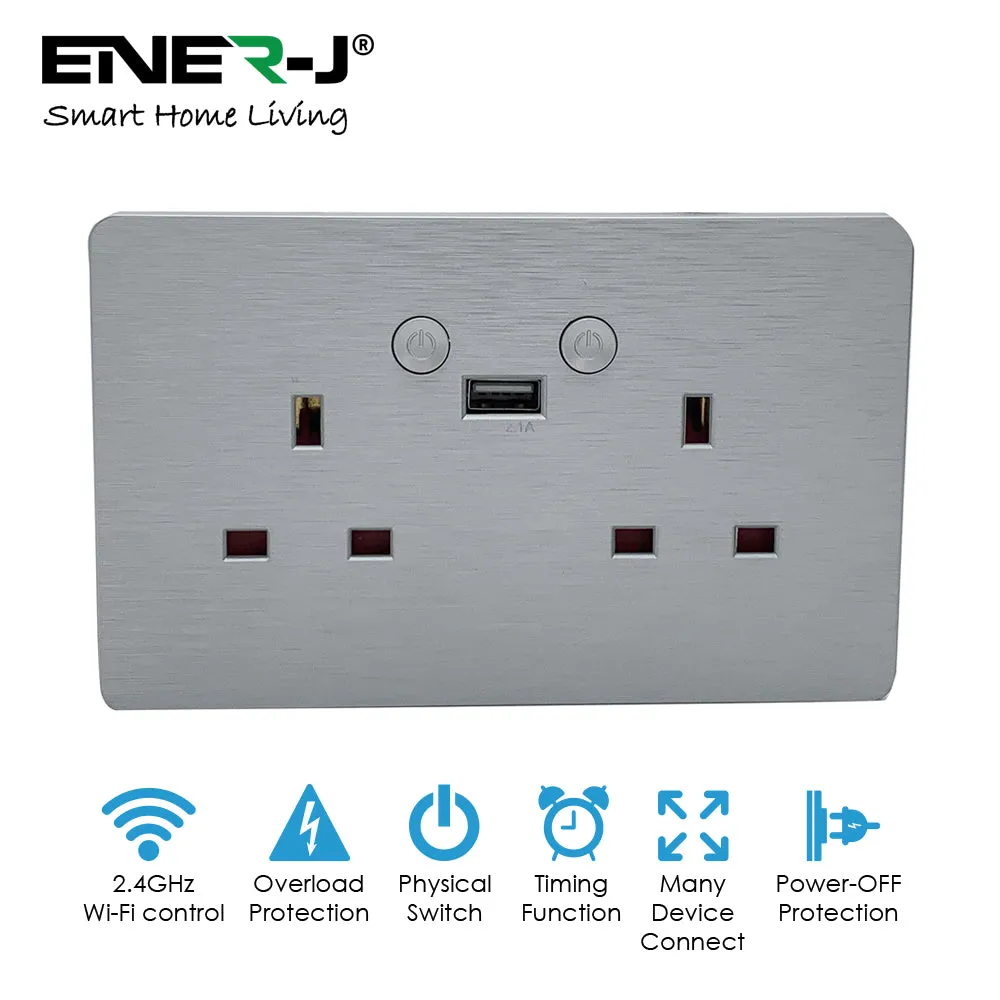 Smart Wi-Fi 13A Wi-Fi Twin Wall Sockets with 1 USB Ports (Silver Brushed Finish)