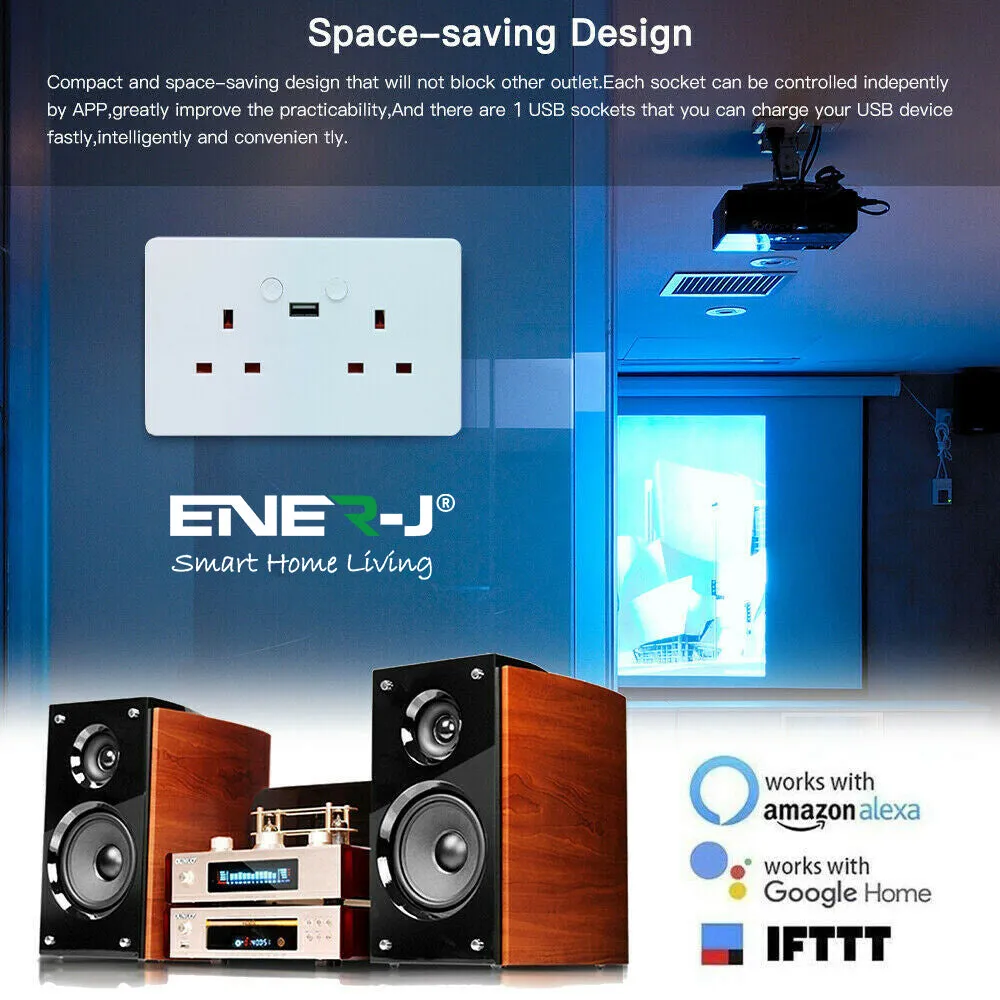 Smart Wi-Fi 13A Wi-Fi Twin Wall Sockets with single USB. Push button