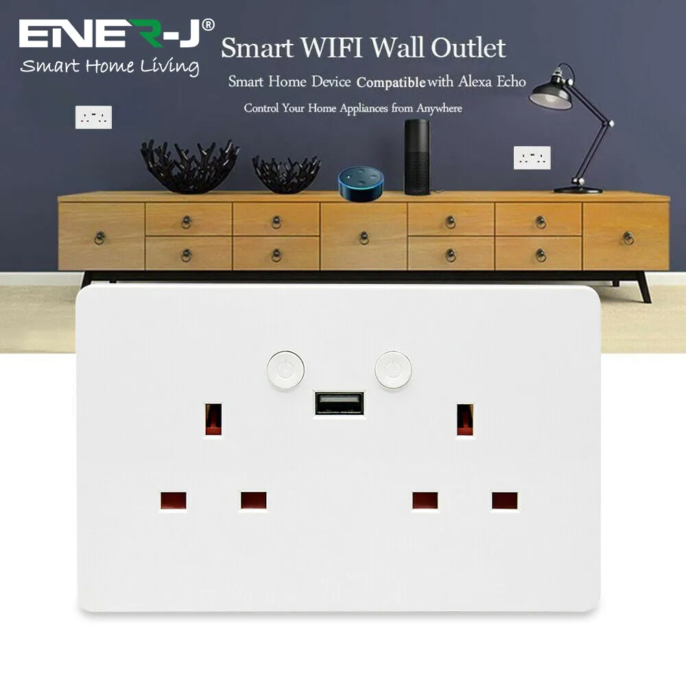 Smart Wi-Fi 13A Wi-Fi Twin Wall Sockets with single USB. Push button
