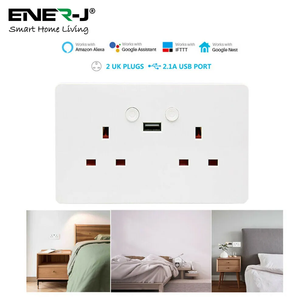 Smart Wi-Fi 13A Wi-Fi Twin Wall Sockets with single USB. Push button