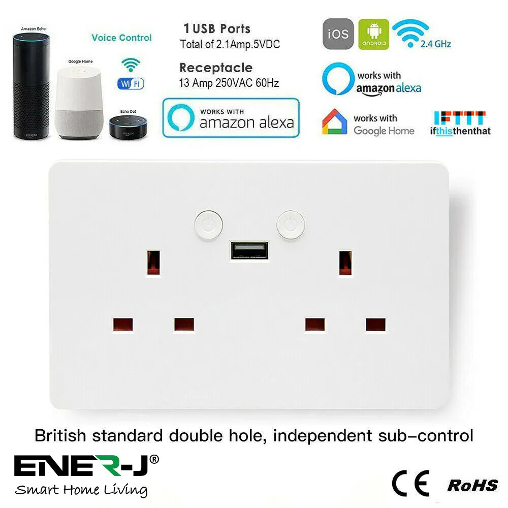 Smart Wi-Fi 13A Wi-Fi Twin Wall Sockets with single USB. Push button
