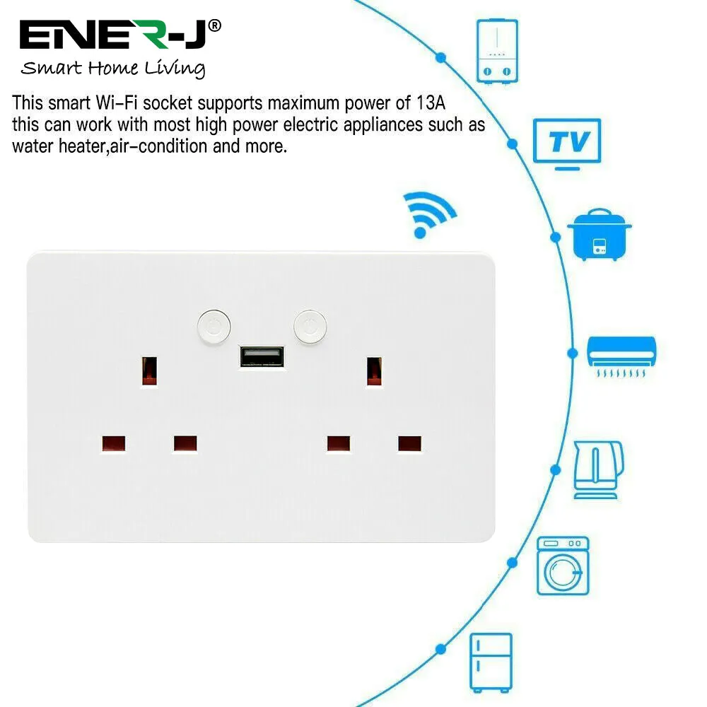 Smart Wi-Fi 13A Wi-Fi Twin Wall Sockets with single USB. Push button