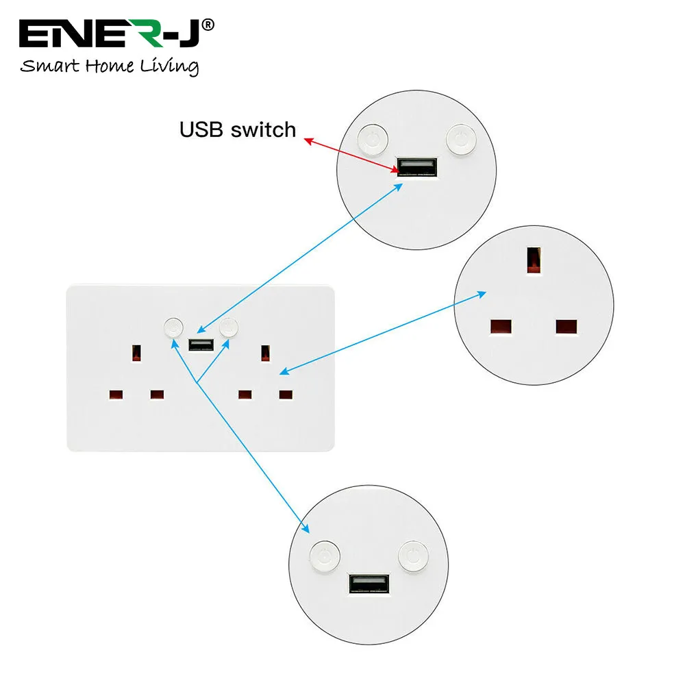 Smart Wi-Fi 13A Wi-Fi Twin Wall Sockets with single USB. Push button