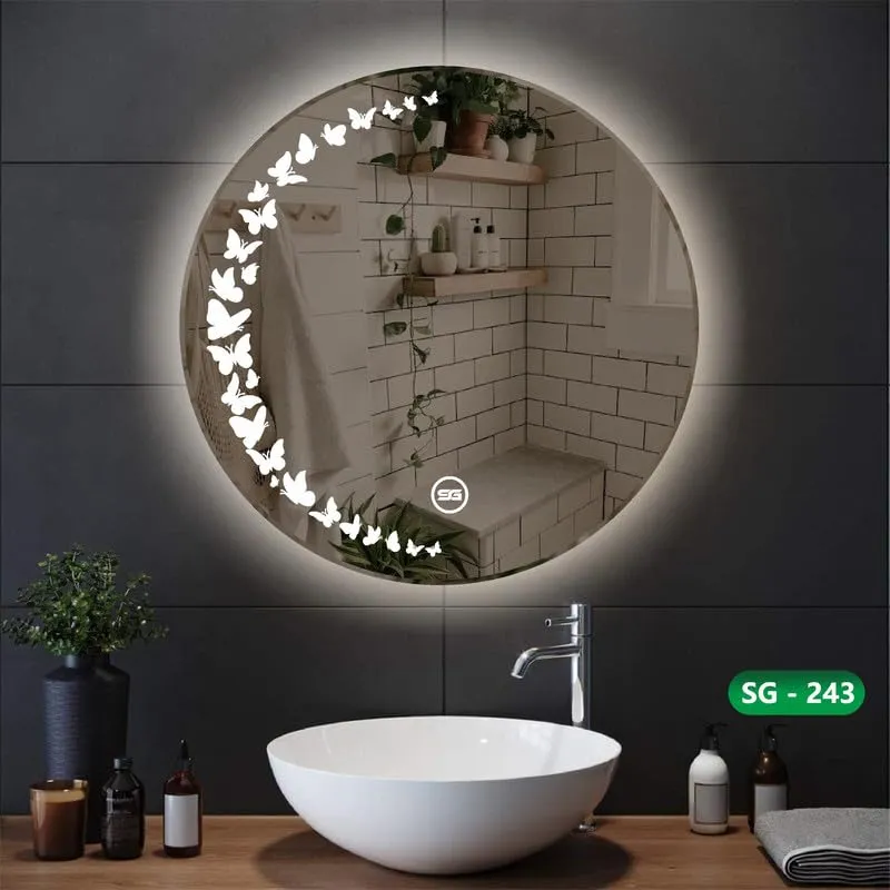 Spark Glass Round LED Sensor Mirror. (LedColour: White, Warm White, & Mix Light) - (Size:18x18 Inch)