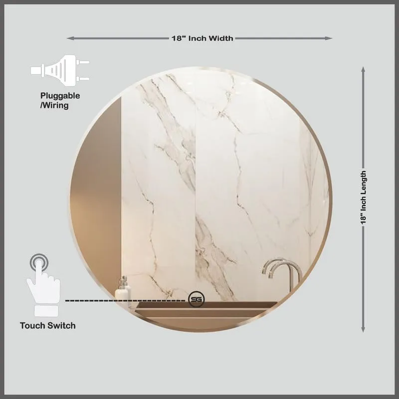 Spark Glass Round LED Sensor Mirror. (LedColour: White, Warm White, & Mix Light) - (Size:18x18 Inch)