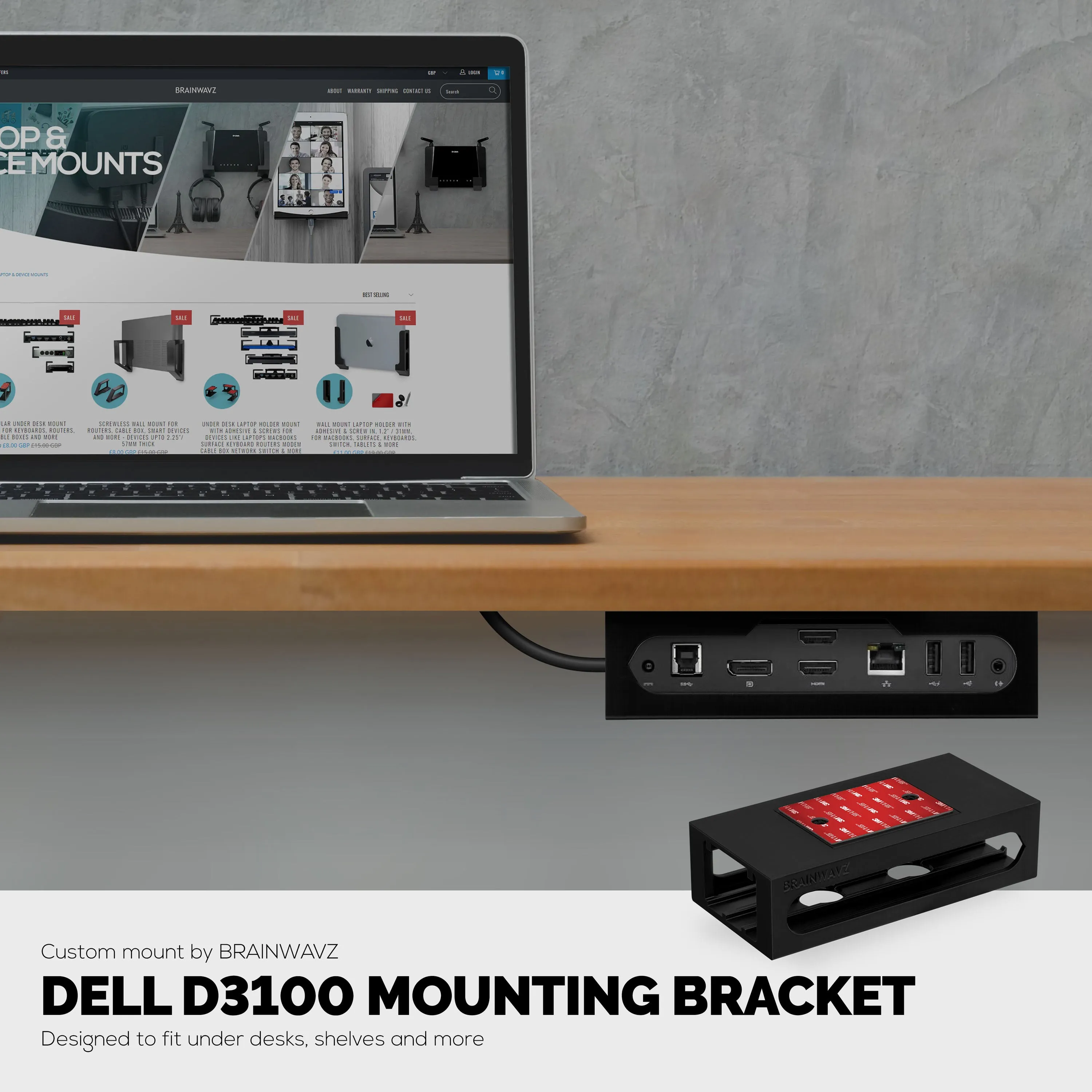 Under Desk Holder for Dell D3100 Dock, Easy To Install, Strong VHB Mount with Screw In Option