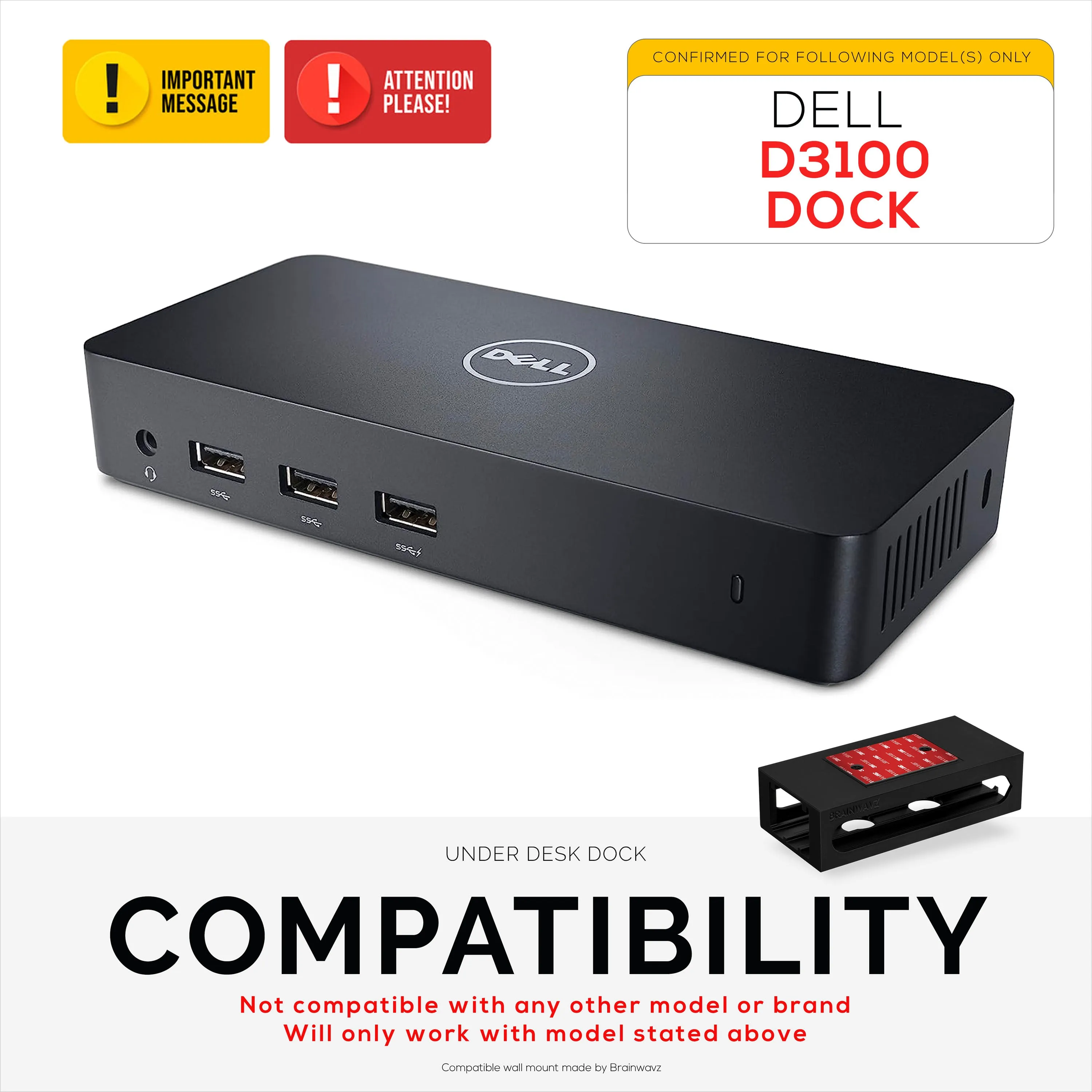 Under Desk Holder for Dell D3100 Dock, Easy To Install, Strong VHB Mount with Screw In Option