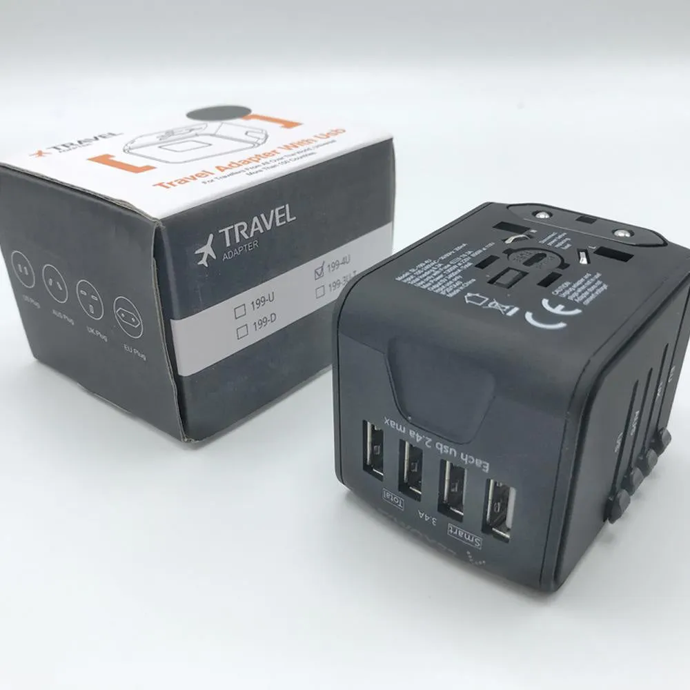 Universal Travel Adapter with 4 USB Ports for US EU UK AUS - All-in-One Charger with Smart Load Detection and Safety Certified